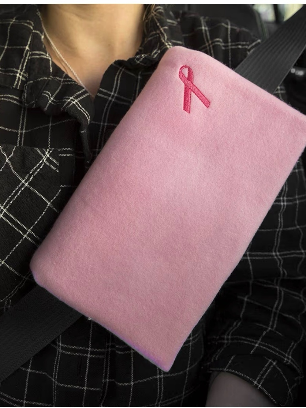 Pink Seat Belt Cushion with Breast Cancer Ribbon